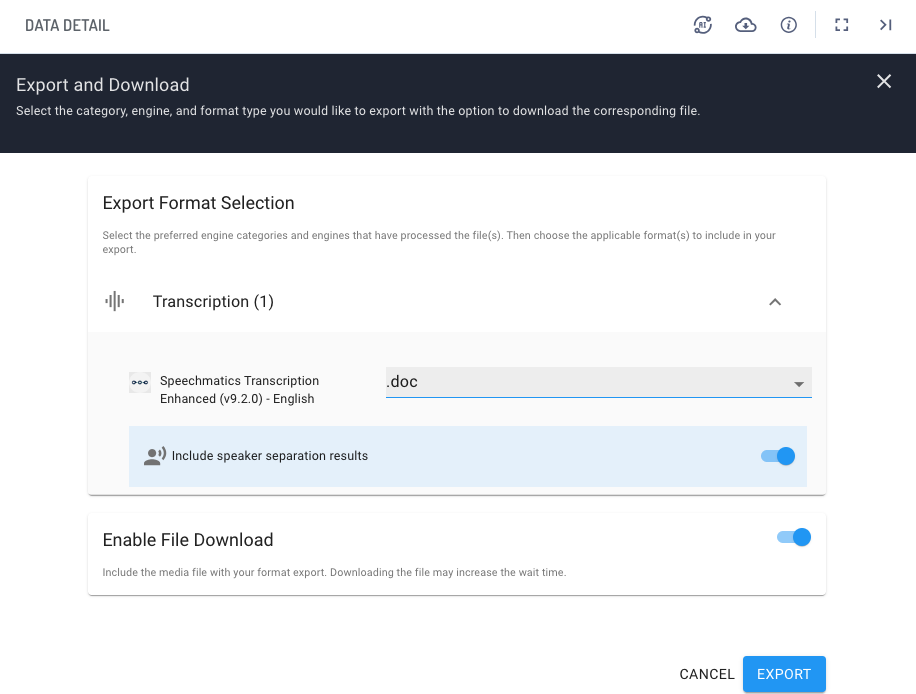 export and download panel